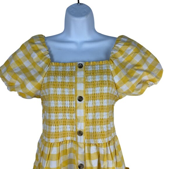Yellow Gingham Smocked Button Down Square Neck Dress Puff Sleeves & Pockets XL - Picture 2 of 6